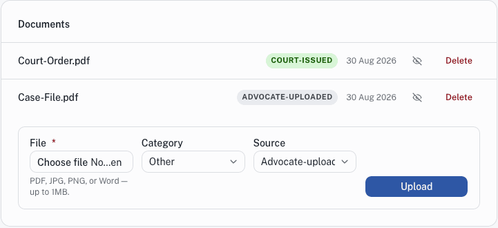 LawNex case documents, showing uploaded files with category, source, and date