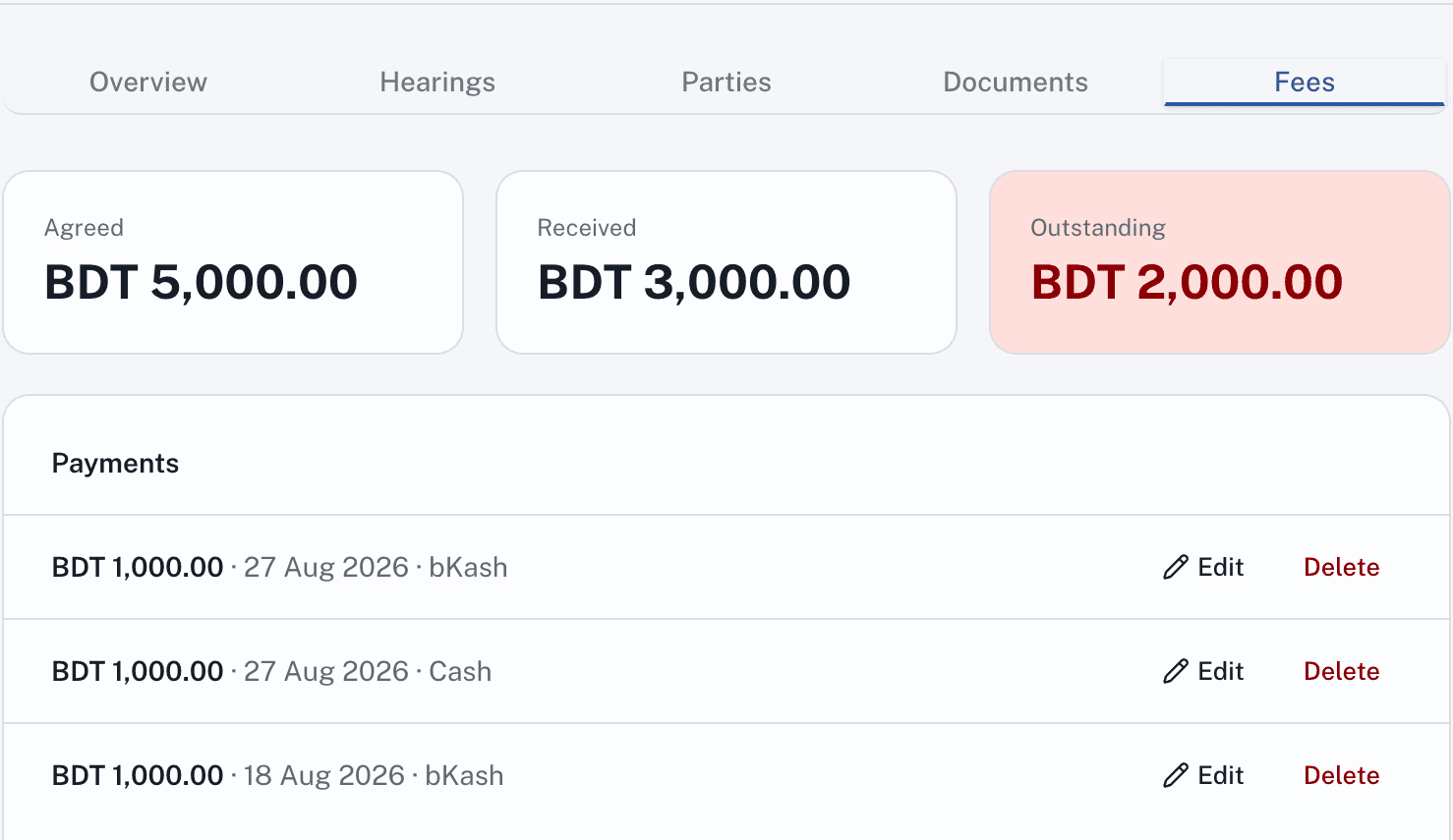 LawNex case fees, showing agreed, received, and outstanding amounts with a payments log