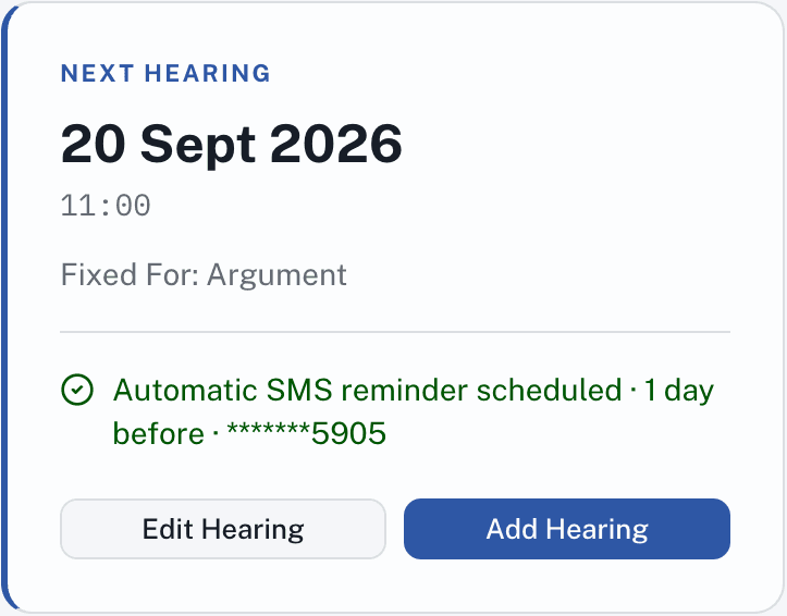 LawNex next hearing card, showing date, time, fixed for, and scheduled SMS reminder