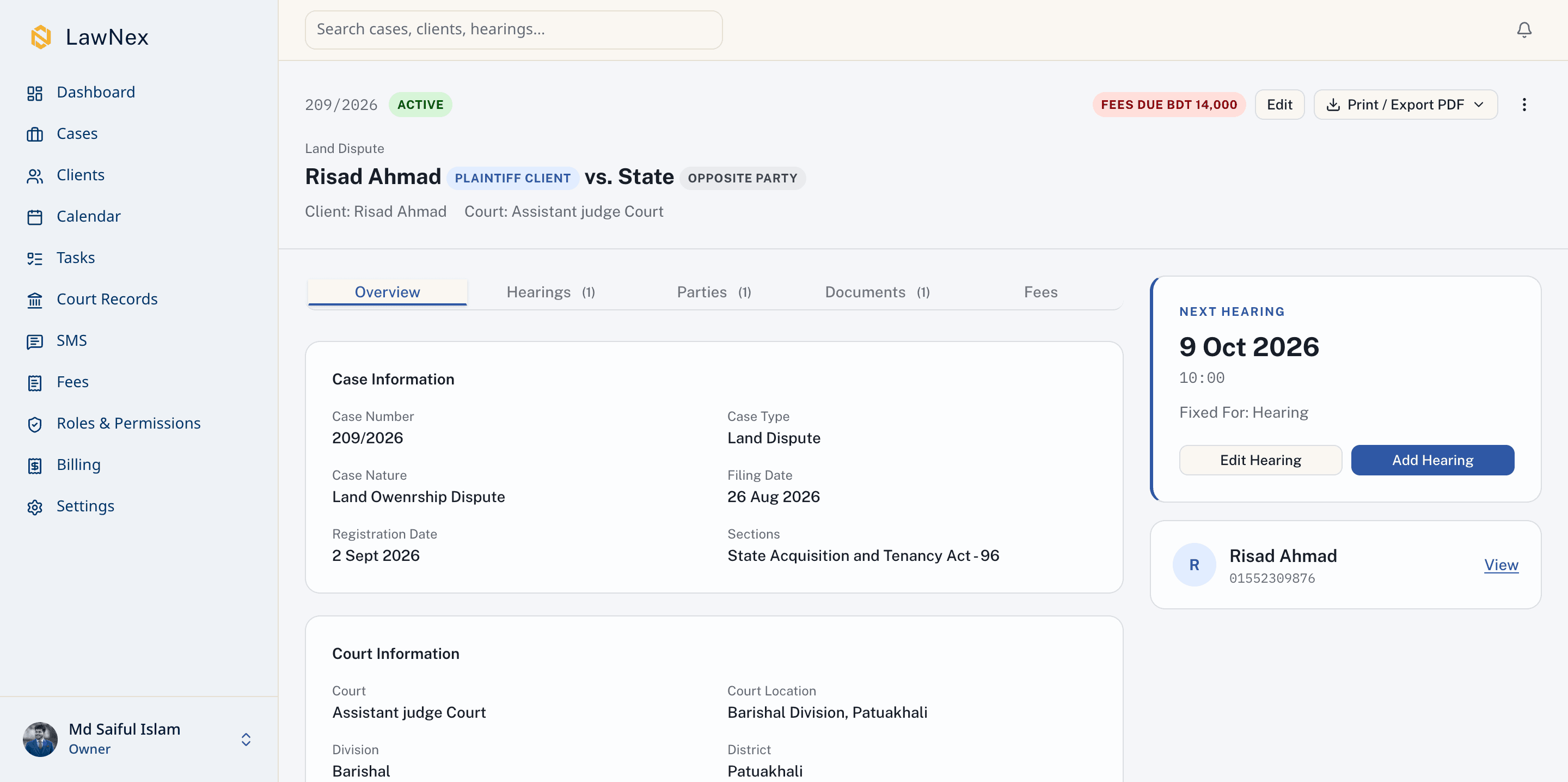 LawNex case detail page with sidebar navigation, showing case information, court details, next hearing, and client card